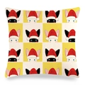 Detail showing the linen texture and cat print on a checkered square pillowcase cover - Yellow Grid Christmas Hat Cat (Style-5) / 45x45cm