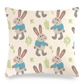 Detail of checkered linen Easter bunny pillowcase featuring cute cartoon rabbits and plants - Cream Blue Vest Bunny (Style-6) / 45x45cm