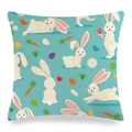Detailed texture of square linen Easter pillowcase with bunny and carrot prints - Teal Background All-over Easter Rabbit (Style-8) / 45x45cm