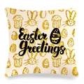 Detail of linen Easter pillowcase with golden rabbit patterns and Easter Greetings text - Golden Glitter Easter Greetings Bunny (Style-9) / 45x45cm