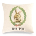 Detail of linen Easter pillow cover featuring a watercolor bunny and floral wreath print - Brown Bunny with Wreath Style