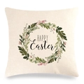 Detail of square linen pillowcase with watercolor floral wreath and Happy Easter text - Botanical Wreath with Festive Text Style