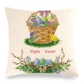 Linen square Easter pillowcase featuring a watercolor chick and egg basket with Happy Easter text - Yellow Chick and Easter Egg Style