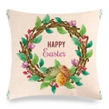 Detail of linen Easter pillowcase featuring a watercolor floral wreath and Happy Easter text - Colorful Eggs and Vine Wreath Style