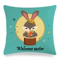 Lake blue linen Easter pillow cover with bunny wreath and Welcome Easter print - Bunny with Carrot on Lake Blue Style