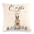 Easter bunny and colorful eggs printed on a linen throw pillow cover with vintage text - Rabbit Hunting Season Style (Style-1)