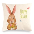 Easter bunny linen pillowcase with watercolor rabbit and Happy Easter text design - Bunny Holding Flower (Style-3)
