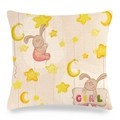 Détails du tissu en lin de la taie d'oreiller carrée avec lapin, étoiles et lune dessinés - Fille et Lune Lapin (Style-3)