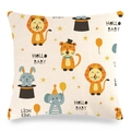 Detail of linen cushion cover showing cartoon lion and rabbit patterns with HELLO BABY print - Style 7 / 18x18 Inch
