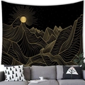Modern black and gold mountain line art tapestry hanging above a grey sofa - 100x70cm / Peach Skin / Style 18