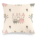 Detail of linen texture and hand-drawn bunny illustration on a square pillowcase - Hand in Hand Cartoon Rabbit (Style-9)