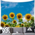 Sunflower and blue sky landscape tapestry hanging on a wall above a cozy grey sofa - 100x70(Peach Skin) / Sunflower Style 12