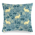 Linen Easter cushion cover with cartoon rabbit and floral motif on blue background - Pastoral Forest Rabbit (Style-11)