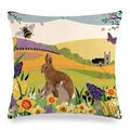 Housse de coussin en lin lapin de Pâques avec paysage champêtre et fleurs de jardin - 45x45cm / Illustration Pastorale Multi-Lapins (13)