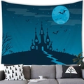 Halloween wandkleed met spookkasteel, volle maan en vleermuizen boven grijze bank - Donkerblauwe Volle Maan (Stijl 16)