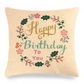 Detailed macro view of beige linen cushion cover with Happy Birthday floral wreath print - Happy Birthday Wreath Style (17)
