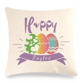 Detail of Happy Easter linen pillowcase showing colorful eggs and purple text textures - Purple Happy Easter Three Eggs Style (14)