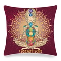 Detailed view of mandala linen pillowcase with meditating woman and 7 chakra symbols - 45x45cm / Dark Red Chakra Print Style (12)