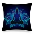 Detailed blue neon Buddha and lotus print on black linen meditation pillow cover - 45x45cm / Black Cyan Blue Glowing Buddha Style (17)