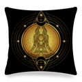 Detailed macro of golden mandala yoga pattern on black linen square pillowcase - 45x45cm / Black Gold Mystic Celestial Style (18)
