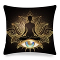 Detail of golden Mandala lotus print and meditation silhouette on black linen pillow cover - 45x45cm / Black Gold Third Eye Meditation Style (22)
