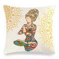 Square linen mandala pillow cover with a meditating woman yoga illustration on beige fabric - 45x45cm / Linen Texture Mandala Meditation Style (28)