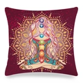 Close-up of linen mandala pillow cover with meditating figure and seven chakra symbols - 45x45cm / Dark Red Background Mandala Chakra Style (29)
