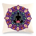Close-up of linen pillowcase with mandala print, yoga silhouette and lotus detail - 45x45cm / Off-White Purple Orange Mandala Silhouette Style (32)