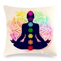 Close-up of textured linen pillowcase with watercolor mandala and seven chakra symbols - 45x45cm / Watercolor Mandala Colorful Chakra Style (33)