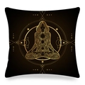 Detail view of gold mandala print with meditating goddess on black linen cushion cover - 45x45cm / Black Gold Bohemian Celestial Line Style (34)