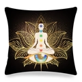 Detailed macro view of the gold lotus flower and chakra meditation figure on a linen cushion - 45x45cm / Black Gold Gilded Eye of Fatima Style (35)