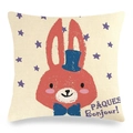 Easter linen pillowcase with red rabbit illustration and PAQUES Bonjour greeting - Red Bunny with Hat French Text Style