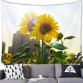 Sunflower landscape wall tapestry with city background hung over a modern sofa - 100x70(Peach Skin) / Sunflower Urban Style (17)