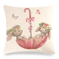 Detail of linen pillowcase featuring watercolor rabbits with flower wreaths and pink umbrella - 45x45cm / Pink Umbrella Floral Wreath Two Rabbits Cute Style (Style 6)