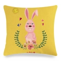 Yellow linen Easter pillow case with cartoon bunny and LOVE text design for sofa decor - Pink Bunny LOVE on Yellow Style