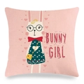Pink linen Easter pillow case with cute bunny girl print and heart details - Bunny Girl with Glasses on Pink Style