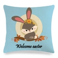 Easter rabbit linen pillow cover in sky blue with Welcome Easter text print - Cartoon Bunny on Branch Sky Blue Style