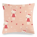 Linen Easter bunny pillow cover in soft pink with heart patterns and cute rabbit print - Light Pink Polka Dot Dress Bunny (Style-17) / 45x45cm