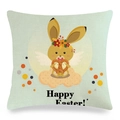 Linen Easter pillow case featuring cartoon bunny on clouds with Happy Easter text - Bunny in Clouds on Light Cyan Style