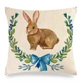 Fodera per cuscino pasquale in lino con coniglio ad acquerello e ghirlanda di fiori blu - Coniglio ad Acquerello con Ghirlanda a Fiocco (Stile 12)