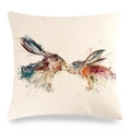 Linen Easter cushion cover with watercolor bunny art and natural beige texture - Snuggling Rabbits (6) / 45x45cm