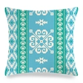 Detail of teal and white geometric ethnic pattern on linen texture throw pillow cover - Lake Blue White Symmetrical Geometric Heart Style (11) / 45x45cm