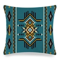 Detailed texture of geometric linen pillowcase with bohemian tribal patterns in teal - Blue Green Turmeric Ethnic Totem Style (7) / 45x45cm