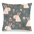 Linen Easter pillowcase with pink rabbit and floral pattern on dark grey fabric - Dark Gray Floral Polka Dot Bunny (Style-20) / 45x45cm