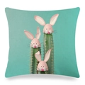 Linen Easter pillowcase with three cacti and pink bunny ears on a blue background - 45x45cm / Fun Cactus & Bunny Ears Illustration (Style 10)
