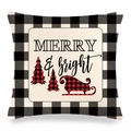 Detail of Christmas buffalo plaid pillow cover with Merry & Bright text and tree design - Merry & Bright Sleigh Style