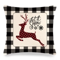 Detail of linen Christmas pillowcase with red buffalo plaid reindeer and Let it Snow text - Let It Snow Reindeer Style