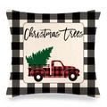 Macro detail of Christmas pillow cover showing linen texture and vintage truck print - Plaid Christmas Tree Truck Style