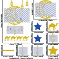 Glittery gold and blue Ramadan wall stickers with moon and star size specifications - Star Moon Lamp and Camel