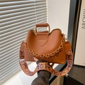 Caramel PU leather bucket bag with metal handle, gold chain, and wide fabric strap - Brown
